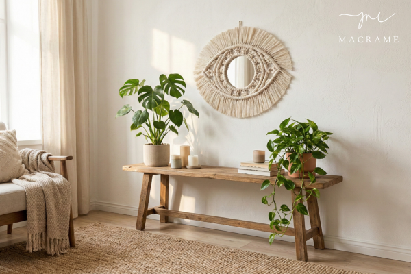 Gương macrame mang lại cảm giác cân bằng và dễ chịu cho không gian hiện đại