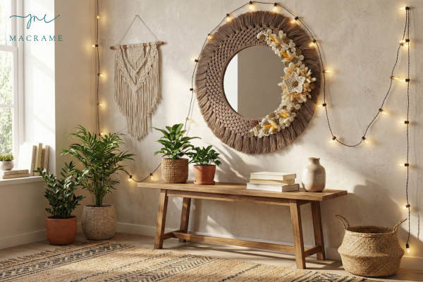 Vị trí treo gương macrame hợp lý giúp không gian luôn gọn gàng và dễ chịu
