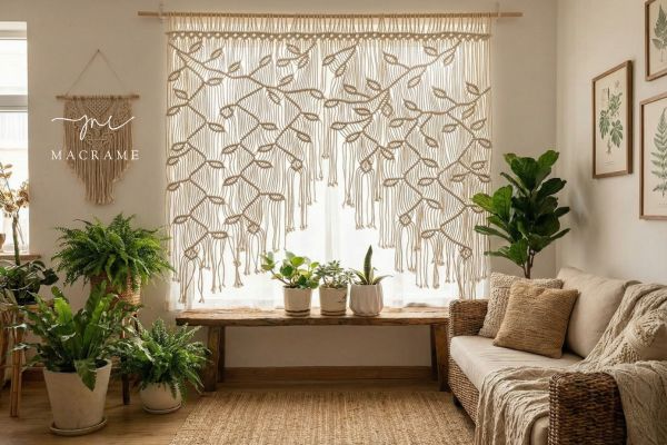 Macrame curtains add an airy and relaxed feel to the space