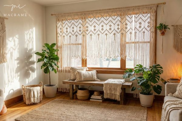 Macrame window curtains let soft sunlight flow through the space