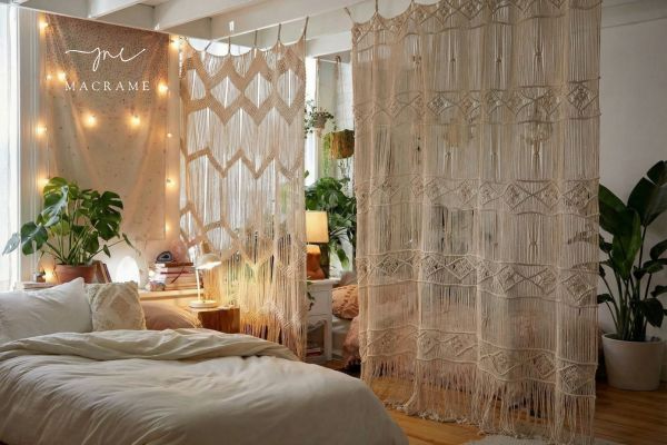Macrame room dividers offer gentle privacy while keeping the space open