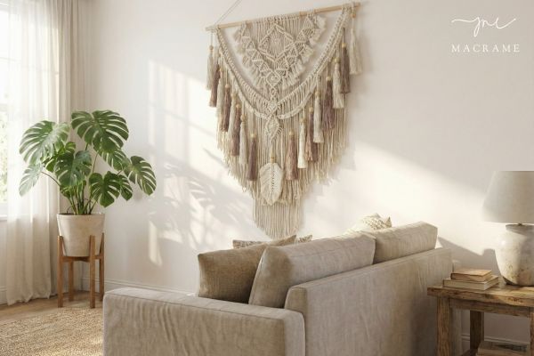 Macrame wall hangings act as a visual accent in the space