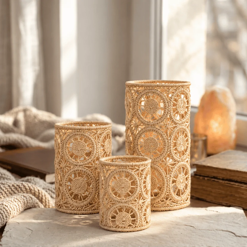 Tall Round Daisy Paper Yarn Candle Holder - Hana
